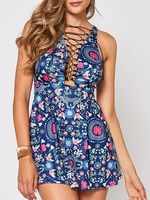 Sexy Floral Print Cross Strap Sleeveless V-neck Women Mini Dress