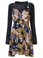 Sexy Flower Printed Long Sleeve Tops Strap Two-Piece Mini Dress For Women
