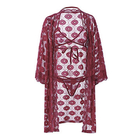 Sexy Lace Embroidery Hollow Out Halter 3 Pcs Cover Up Temptation Nightwear