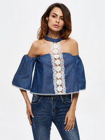 Sexy Lace Patchwork Off-shoulder Halter Hollow Women Blouses