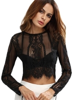 Sexy Lace See-through O-neck Long Sleeve Women Crop Tops
