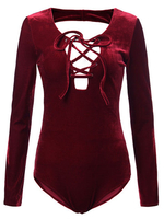 Sexy Lace Up Backless Bodycon Velvet Long Sleeve Women Short Jumpsuit