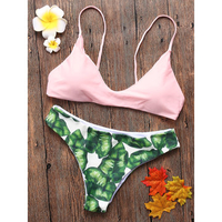 Sexy Leaf Print Backless Split High Elastic Padding Bikinis For Women