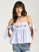 Sexy Off-shoulder Embroidered Stripe Tie Blouse For Women
