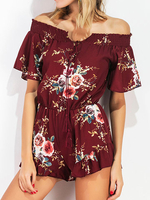 Sexy Off-shoulder Floral Print Tie Short Sleeve Jumpsuit For Women