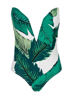 Sexy One Piece Deep V Tropical Leaf Printed Strapless Beach Bathing Suits