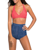 Sexy Polka Dot Printed Halter Backless High Waisted Wireless Tankinis Swimsuit