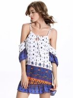 Sexy Print Cold Shoulder Bandage Cami O-neck Mini Dress For Women