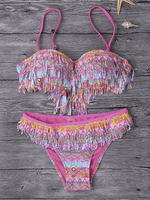 Sexy Printing Tassel Adjustable Straps Wireless Bikini Sets