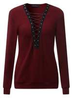 Sexy Pure Color Bandage V-Neck Long Sleeve Tops For Women