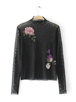 Sexy See-through Floral Embroidered Long Sleeve Women T-shirt