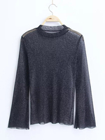 Sexy See-through Long Horn Sleeve Stand Collar Women T-shirt