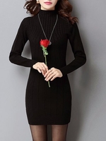 Sexy Solid High Collar Long Sleeve Knit Women Dresses