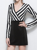 Sexy Striped Patchwork Deep V Long Sleeve Women Dresses