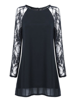 Sexy Transparent Lace Crochet Patchwork Raglan Long Sleeve Mini Dress