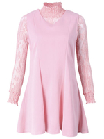 Sexy Transparent Lace Stand Collar Layer Long Sleeve Women Dress