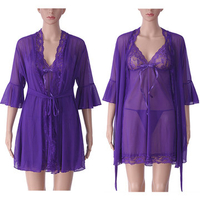 Sexy Transparent Mesh Dress Pure Color Perspective Robe Sleepwear Sets For Women