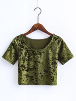 Sexy Velvet O-neck Short Sleeve Crop Tops For Women
