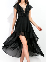 Sexy Women Chiffon V-Neck Lace Up Irregular Hem Dresses