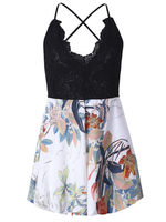 Sexy Women Deep V-Neck Backless Lace Crochet Floral Printed Jumpsuit