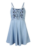 Sexy Women Floral Embroidered Denim Strap Mini Dress