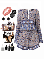 Sexy Women Floral Printed Bandage V-Neck Long Sleeve Jumpsuit