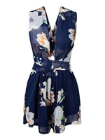 Sexy Women Floral Sleeveless Cross Backless V Neck Short Jumpsuits