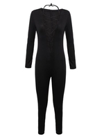 Sexy Women Lace Up Long Sleeve Deep V-neck Black Jumpsuit