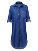 Sexy Women Lapel Pocket Slit Asymmetric Hem Denim Shirt Dress