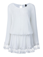 Sexy Women Long Sleeve Tassel Bohemian Chiffon Beach Mini Dress
