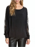 Sexy Women Loose Plus Size Batwing Sheer Lace Long Sleeve Blouse