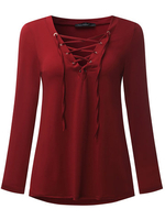 Sexy Women Plus Size Solid V-Neck Bandage Long Sleeve Tops