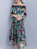 Sexy Women Printed Off Shoulder 3/4 Sleeve High Waist Dresses