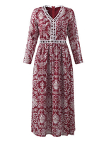 Sexy Women Printed V-Neck 3/4 Sleeve Mid-Long Dresses