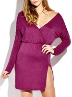 Sexy Women Side Split Zipper Ruffles Long Sleeve V-neck Solid Dress
