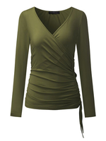 Sexy Women Solid V-Neck Side Bandage Ruffled Blouse