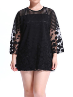 Sexy Women Three Quarter Sleeve Hollow Out Perspective Lace Blouse