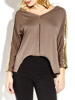 Sexy Women V Neck Sequins Long Sleeve T-Shirt