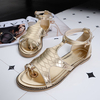 Shiny Clip Toe Bandage Strappy Buckle Peep Toe Flat Metal Color Sandals