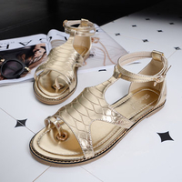 Shiny Clip Toe Bandage Strappy Buckle Peep Toe Flat Metal Color Sandals