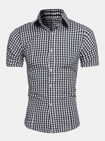 Short Sleeve Checked Bussiness Casual Plaid Cotton Dress Shirt for Men