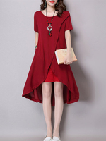 Short Sleeve Fake Two Pieces High Low Women Vintage Dress