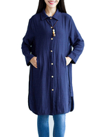 Side Split Vintage Long Sleeve Loose Women Long Basic Blouse