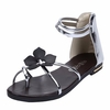 Silver Color Flower Zipper Clip Toe Flat Summer Sandals