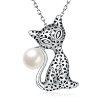 Simple Alloy Necklace Silver Spotted Cat Oil Drip Pearl Necklace for Women Gift