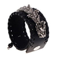 Simple Cow Leather Alloy Dragon Snap Button Woven Bracelet for Men