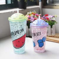 Simple Fashion Summer Sucker Cold drink Cup Double Green Fruit Ice Cup Plastic Cup