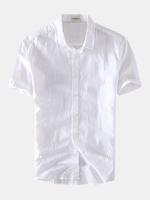 Simple Short Sleeve Linen Thin Breathable Slim Band Collar Dress Shirts for Men