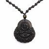 Simple Unisex Necklace Natural Obsidian Hand Carved Coin Smile Buddha Necklace