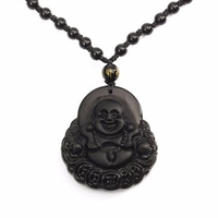 Simple Unisex Necklace Natural Obsidian Hand Carved Coin Smile Buddha Necklace